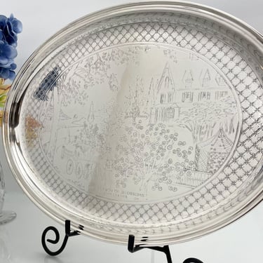 Silver Serving Tray Engraved with Country Scene | Beautiful Kitchen Decor | 16" Oval Silverplate Tray 
