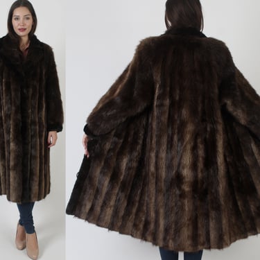 Full Length Beaver Fur Coat, Vintage 80s Mahogany Mink Trim, Unisex Long Heavyweight Winter Jacket, Laliberte Quebec Designer Brand 
