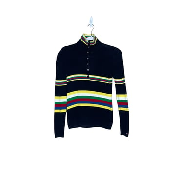 Vintage Y2K Tommy Hilfiger Black Stripped Ribbed Turtleneck Sweater, Size M 
