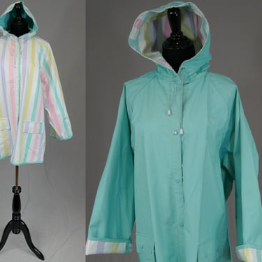 80s Reversible Raincoat - Harbor Tack - Light Teal White Pink Purple Yellow - Striped Side - Vintage 1980s - XL XXL Plus Size 54" chest 