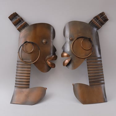 Francisco Rebajes (1905-1990) Signed Modernist Copper Wall Sculptures Ubangi African Woman Mask Face Art Sculptures 
