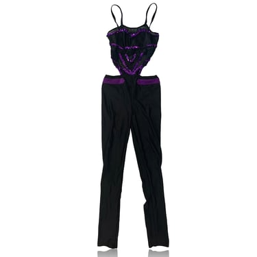 90s Black Cutout Jumpsuit Festival Wear // Purple Sequins // Triangle Top Waist Side Cuts // Rave Wear // Small 