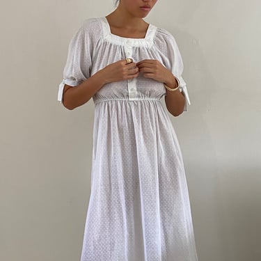 70s sheer cotton voile dress / vintage white cotton puffed sleeve square neck sheer Swiss dot maxi prairie sun dress | Small 