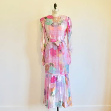 1980's Judy Hornby Couture Pink Hand Painted Silk Watercolor Print Maxi Dress Long Sleeves Tie Belt 70's Spring Summer Size Medium 