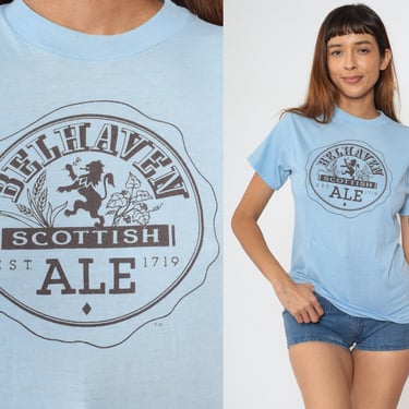 Belhaven Scottish Ale Shirt 80s Beer Shirt Baby Blue Tee Retro Tshirt 1980s Vintage Graphic Print T Shirt Bar Alcohol Hanes Small S 
