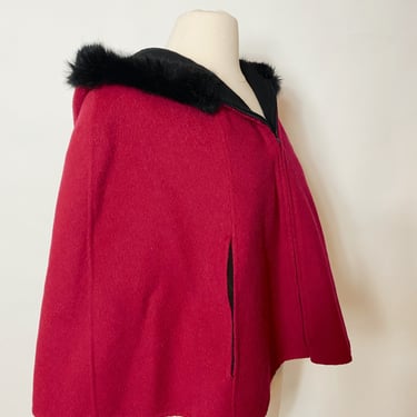 Reversible  Hooded  Magenta and Black Faux Fur Cape 