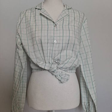 Vintage Late 1970's Early 1980's Fashion Star White and Aqua Plaid Long Sleeve Blouse M-L 