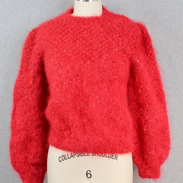 1970s 1980s Bright Red Hand Knit Angora Sweater - Puff Sleeve - Wool Sweater - Holiday Sweater 