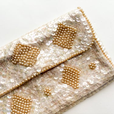 1950s Pearl & Sequin Clutch | 50s Sequin Pearls Handbag | Le Regale 