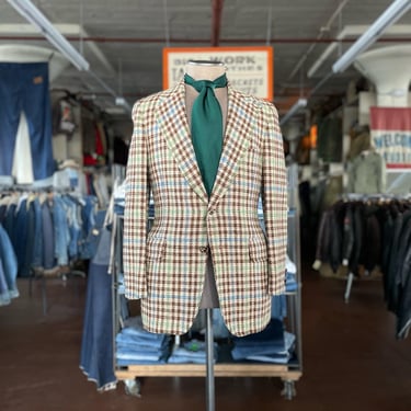 Size 40 Semi-Long Vintage 1970s Paul Stuart Multicolor Checked Tweed Sport Coat 2295 