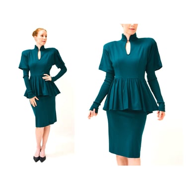 80s does 40s Vintage Teal Blue Green Knit Wool Dress Small Medium Wool Jersey Knit Dress Green teal Long Sleeve Peplum Dress Bonnie Strauss 