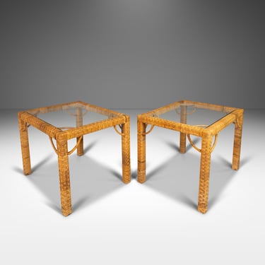 Set of Two (2) Mid Century Modern End Tables in Wicker w/ Glass Tops Attributed to Bieckley Brothers Rattan, USA, c. 1970s 
