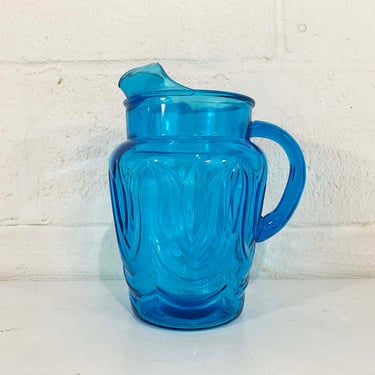 Vintage Blue Glass Pitcher Colonial Tulip Iced Tea Anchor Hocking Glass Aqua Turquoise Tulip Pattern Highball Glasses 1960s 
