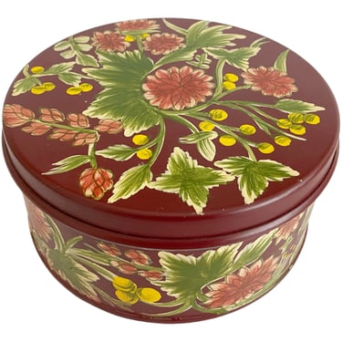 6" Vintage cookie tin. Decorative round metal box hand painted with colorful flowers. Storage for sewing or craft supplies. 