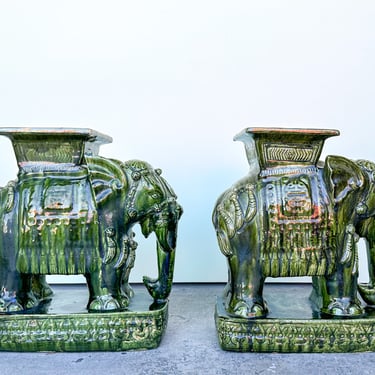 Pair of Terracotta Emerald Green Elephant Garden Seats