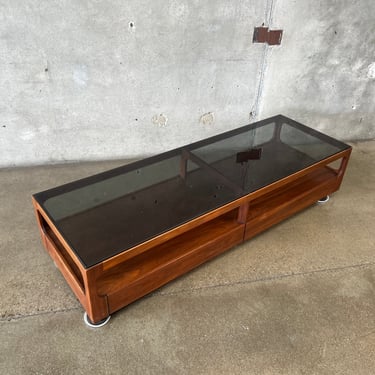 Brown Saltman Rectangular Walnut Coffee Table for John Keal With Smoked Glass