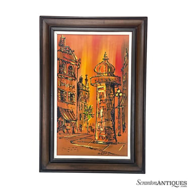 Mid-Century Oil Drip Painting Russian City Framed Art Signed Walt Grom