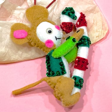 VINTAGE: Felt Beaded Sequin Mouse Ornament - Pillow Ornament - Rat - Christmas - Holidays - Pillow Ornament 