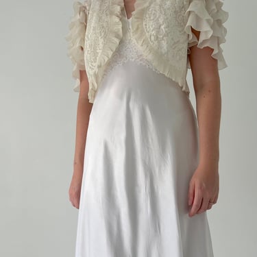 Handmade 1930's Off White Silk Slip and Ruffle Bolero Set with White Lace