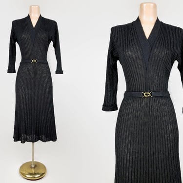 VINTAGE 1950s Black Orlon Knit Vamp Dress by Kimberly Knitwear | 40s 50s Curvy Bombshell Sweater Dress with Belt and Box | The Coquette VFG 