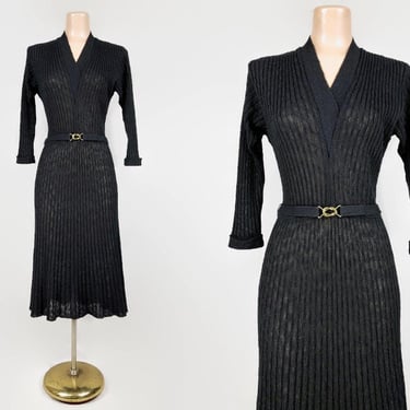 Vintage 1940s 1950s Sweater Dress | 40s 50s Black Knit Wool 