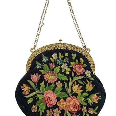 20s Black Floral Petit Point Purse with Gold Repoussé Frame