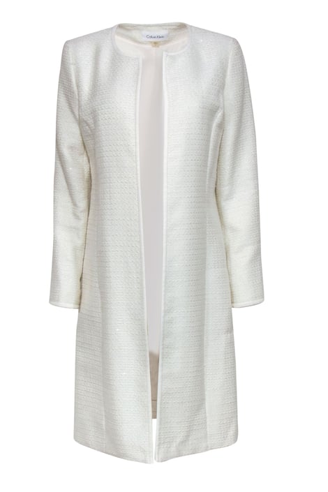 Calvin Klein - White Tweed Sequin Open Front Longline Coat Sz 8