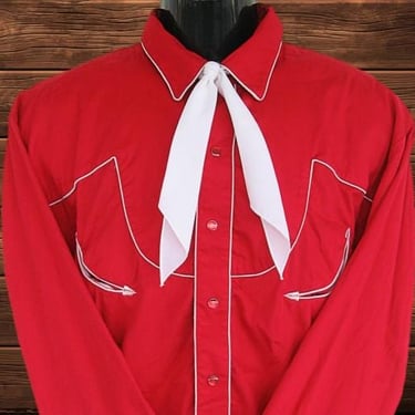 Crazy Cowboy Vintage Western Retro Men's Cowboy & Rodeo Shirt, Rockabilly, Bright Red with White Trim, Tag  Size XL (see meas. photo) 