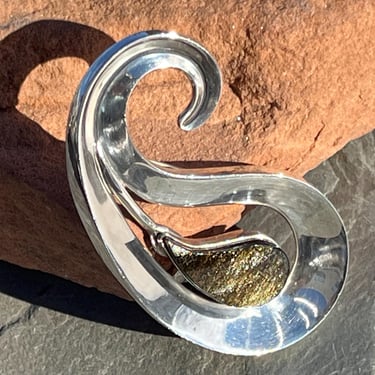 Taxco Sterling Silver Vintage Midcentury Modernist Flowing Curved Swirl Brooch / Pin with Gold Sheen Obsidian Teardrop Stone Center 