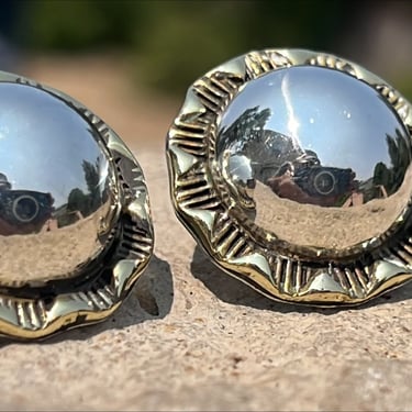 Vintage Mexican Sterling Silver and Brass Half Globe Sunflower Post Earrings by Laton 