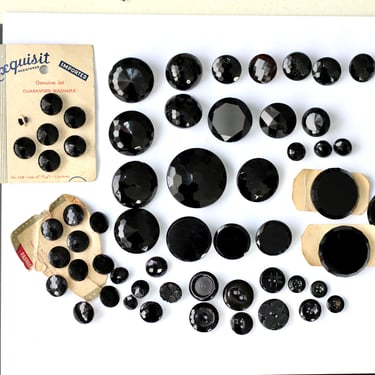 57 Vintage French Jet Buttons - Black Glass Button Lot 