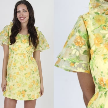 Bright Floral Summer Sundress With Loose Fitting Sleeves, Vintage 70s Canary Yellow Mini Dress 