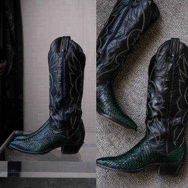 Vintage TONY LAMA for Thieves Market Emerald Green & Black Snakeskin Leather Western Boots | Made in USA | Size 5.5 | Designer Cowgirl Boots 