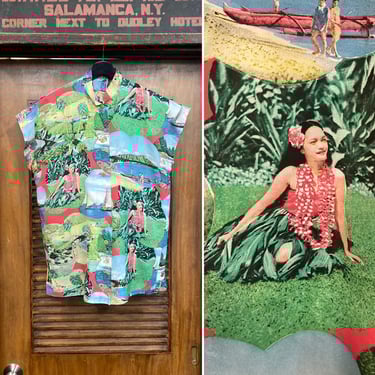 Vintage 1940’s -Deadstock- Tropical Photoprint Hula Girl Nylon Teatimer Cabana Hawaiian Shirt Top, 1940’s Shirt, 1950’s Shirt 