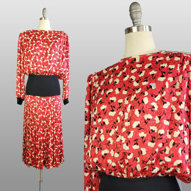 Valentino Dress Set / Vintage Valentino / 1980s Miss V Valentino /  Red Silk Floral Dress / 1980s Dress / Size Small 