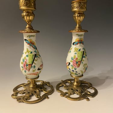 Vintage Pair Of Chines Porcelain Hand- Painted Brass Candle Holders 