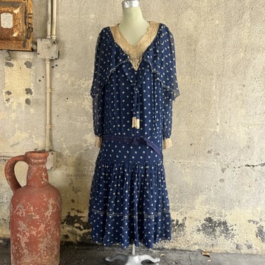 Antique 1920s Blue Silk Chiffon Polka Dot Print Dress Lace Trim Midi  Vintage