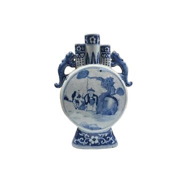 Blue White Oriental People Graphic Flat Round 3 Mouths Porcelain Art Vase ws4816E 