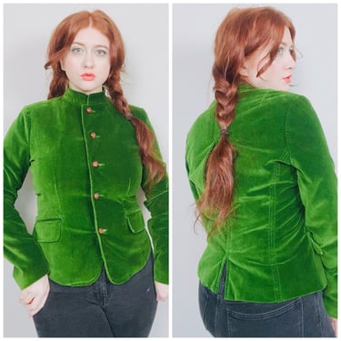 1990s / Y2K  Vintage Lucky Brand Green Velvet Jabot Collar Jacket / 90s / Nineties Button Front Blazer / Size Medium 