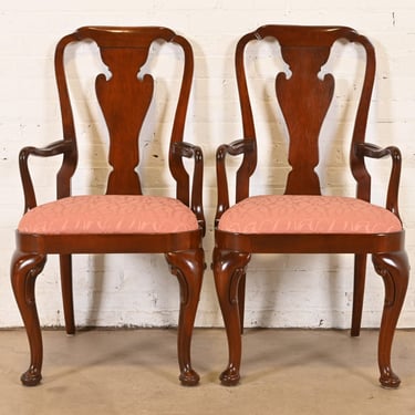 Baker Furniture Queen Anne Carved Mahogany Armchairs or Dining Captain Chairs, Pair