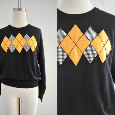 1990s Black Argyle Applique Sweater 