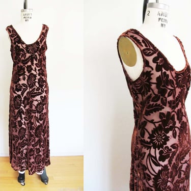 Vintage 90s Velvet Silk Floral Burnout Semi Sheer Maxi Slip Dress S M - 1990s Grunge Bias Cut Slinky Floor Length Dress Earthy Wine 