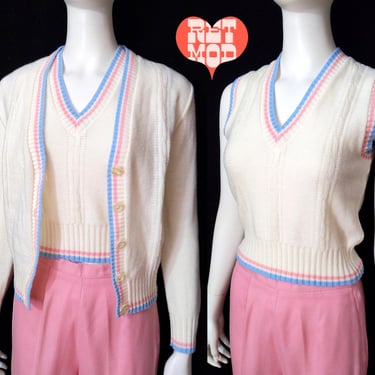 Preppy Vintage 60s 70s White with Pastel Pink & Blue Stripe V-Neck Vest and Cardigan Sweater Set 