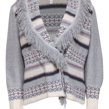 St John - Grey, Cream, &amp; Purple Shawl Collar Sweater w/ Padded Shoulders Sz M