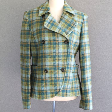 1970-80s - Blue/Green - Wool Plaid - Double Breasted - by Casual Corner - Marked size 6 