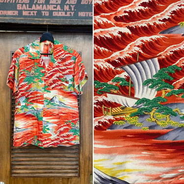 Vintage 1950’s Asian Japan Rayon Tropical “Pali” Hawaiian Shirt, 50’s Loop Collar Shirt, Vintage Clothing 