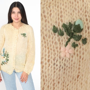 Wool Cardigan Sweater Cream Knit Floral Embroidery Button-Up Sweater Cozy 60s Grandma Sweater Pastel Long Sleeve Knitwear Medium M 