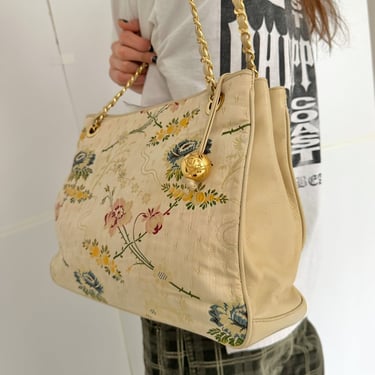 Chanel Beige Floral Embroidered Logo Shoulder Bag