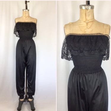 Vintage 70s jumpsuit | Vintage black lace pajamas | 1970s black strapless pantsuit 