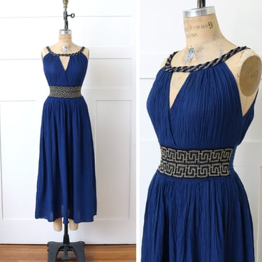 vintage cotton gauze sundress • greek goddess full length navy blue & metallic gold dress 